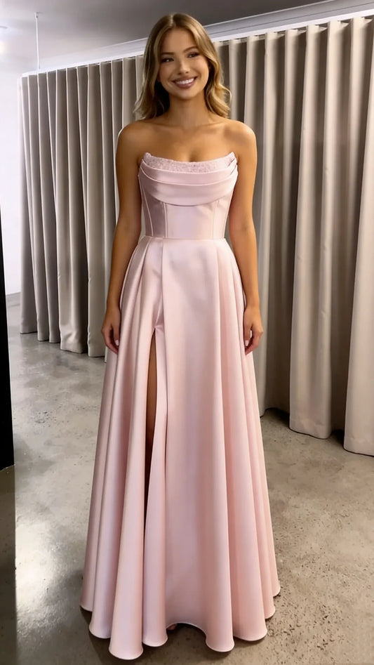 Elegant Beaded‑Trim Satin A‑Line Strapless Cowl‑Neck Lace‑Up‑Back High‑Slit Pocket Floor‑Length Evening Dresses