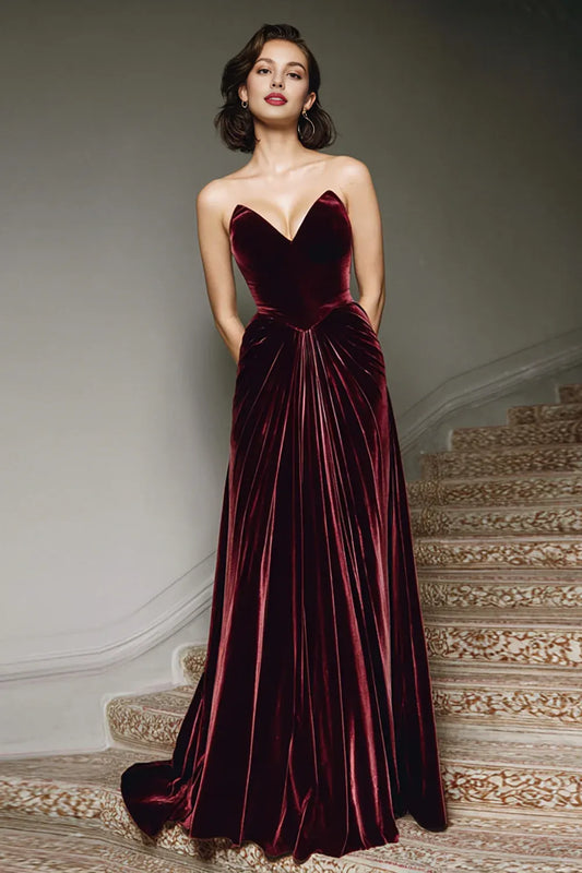 Elegant A Line Sweetheart Sleeveless Velvet Floor-Length Evening Dress