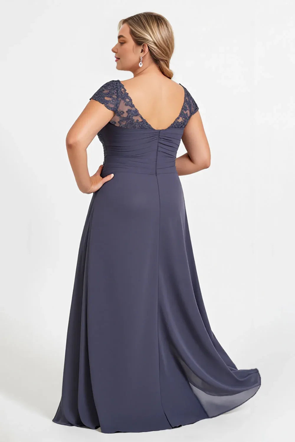 Elegant A Line U Neck Cap Sleeves Backless Floor-Length Plus Size Mother of the Bride Dress