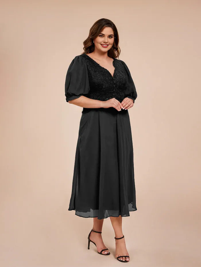 Elegant A Line V-neck Half Lantern Sleeves Chiffon Tea-Length Plus Size Mother of the Bride Dress
