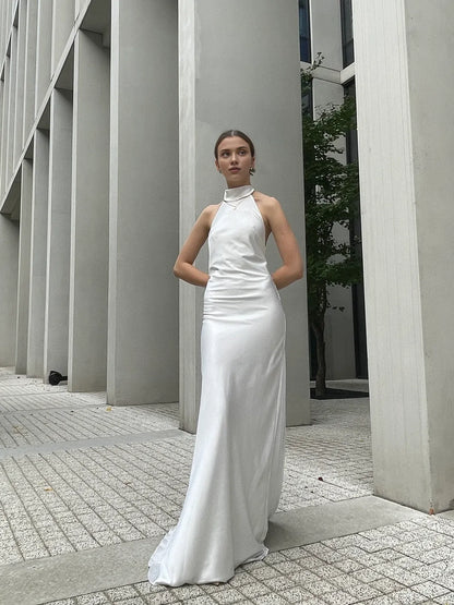 Elegant Beach Halter Backless Mermaid Simple Floor Length Sleeveless Bridesmaid Prom Dress
