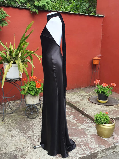 Elegant Beach Halter Backless Mermaid Simple Floor Length Sleeveless Black Bridesmaid Prom Dress