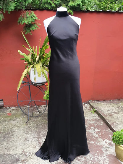 Elegant Beach Halter Backless Mermaid Simple Floor Length Sleeveless Black Bridesmaid Prom Dress