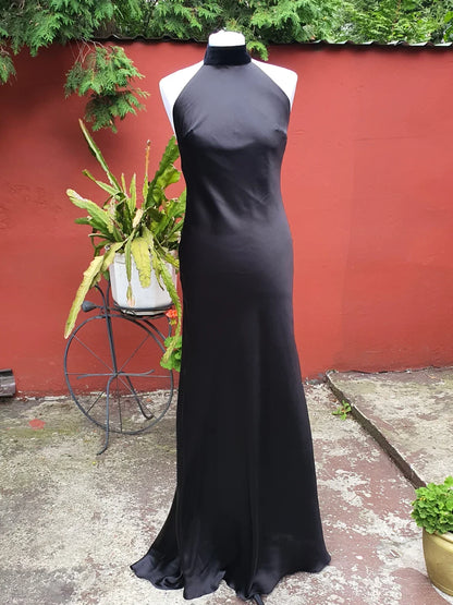 Elegant Beach Halter Backless Mermaid Simple Floor Length Sleeveless Black Bridesmaid Prom Dress