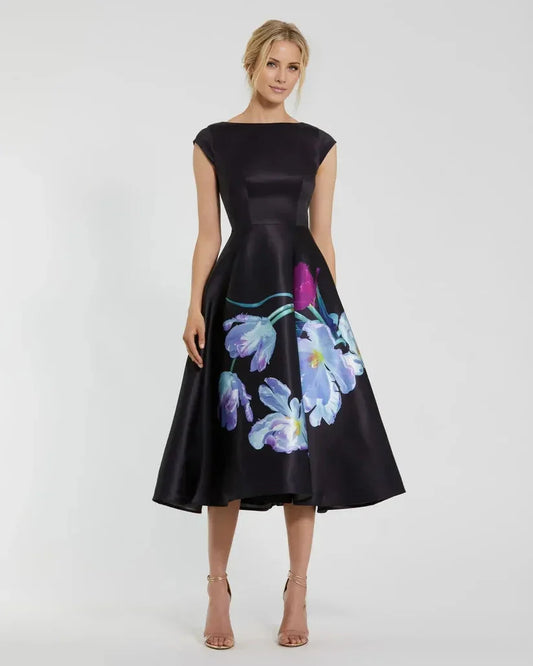 Dress Elegant Black Satin Cap Sleeve Midi Dress With Floral Print Midi Dress Evening Dress A-Line Cap Sleeves Prom Dress