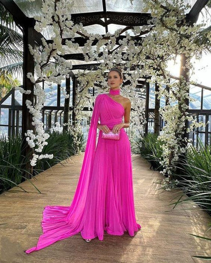 Elegant Chiffon Floor Length Evening Dresses With Cape A-Line One Shoulder Prom Dress