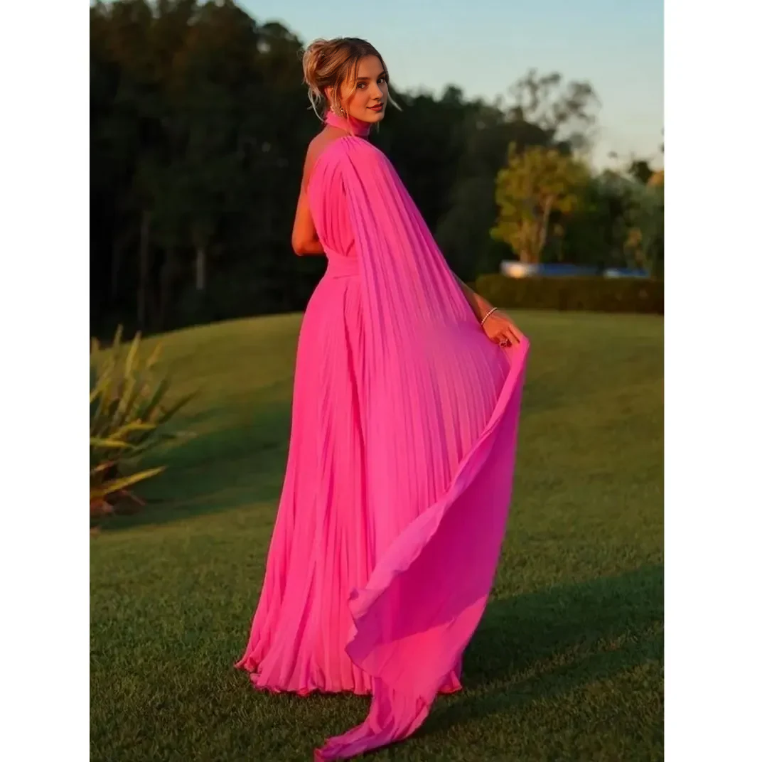Elegant Chiffon Floor Length Evening Dresses With Cape A-Line One Shoulder Prom Dress