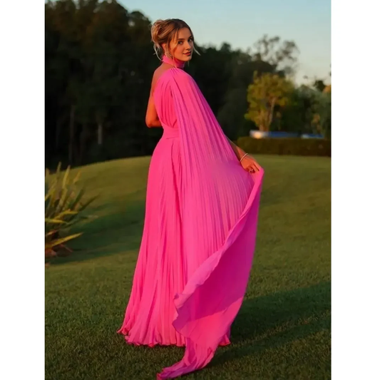 Elegant Chiffon Floor Length Evening Dresses With Cape A-Line One Shoulder Prom Dress