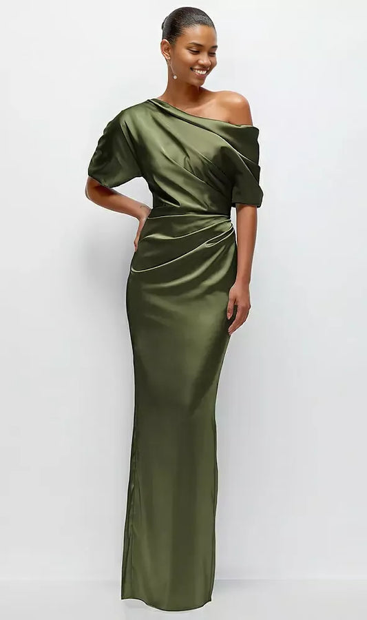 Olive Satin Column Asymmetrical Off‑Shoulder Draped‑Sleeve Floor‑Length Mother Of The Bride Dress