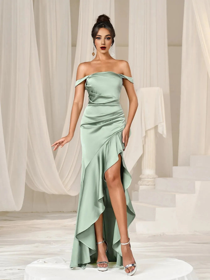 Elegant Evening Dresses/ Elegant Off Shoulder Asymmetrical Ruffle Hem Party Dress Evening Dresses/ Evening Dresses For Women