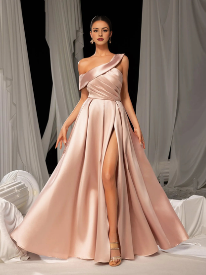 Elegant Evening Dresses/ Elegant Sloping Neck Split A-line Satin Formal Prom Dress Evening Dresses/ Evening Dresses For Women