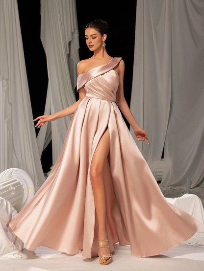 Elegant Evening Dresses/ Elegant Sloping Neck Split A-line Satin Formal Prom Dress Evening Dresses/ Evening Dresses For Women