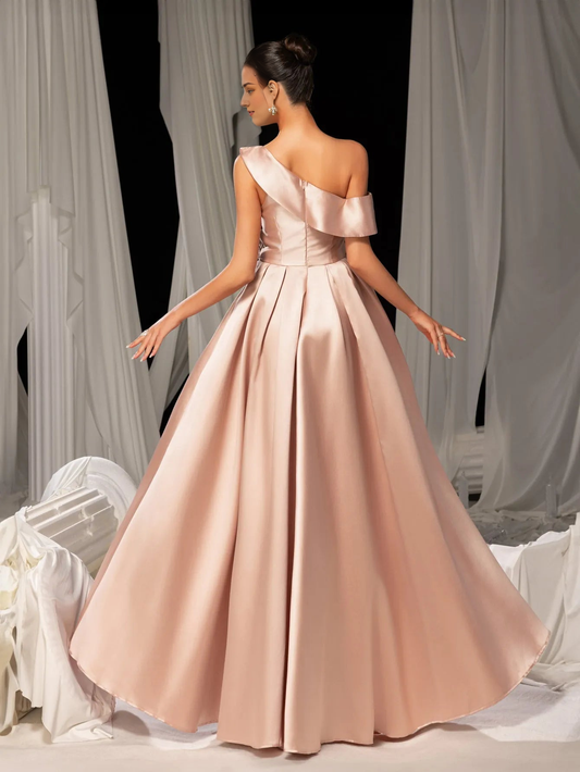 Elegant Evening Dresses/ Elegant Sloping Neck Split A-line Satin Formal Prom Dress Evening Dresses/ Evening Dresses For Women