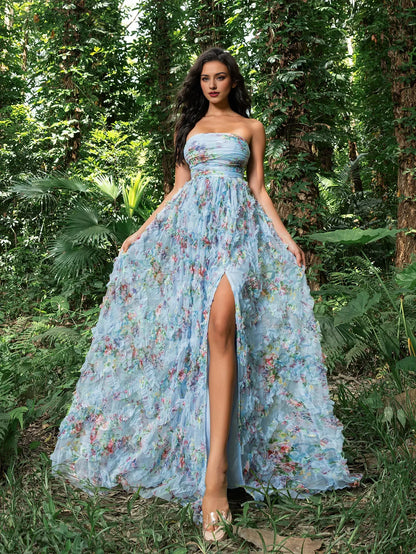 Elegant Evening Dresses/ Floral Printed Mesh Overlay Off-the-Shoulder Party Dress Evening Dresses/ Evening Dresses For Women