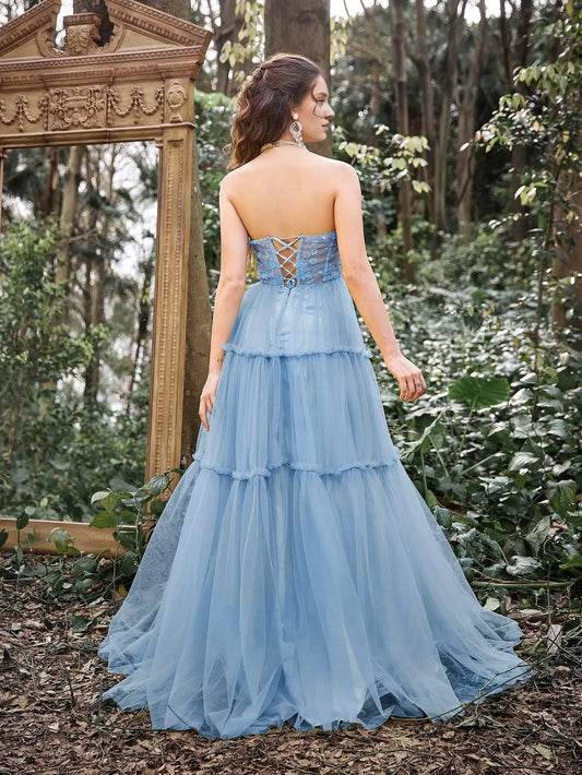 Elegant Evening Dresses/ Gorgeous Applique Detail Halter Neck Tiered Tulle Prom Dress Evening Dresses/ Evening Dresses For Women
