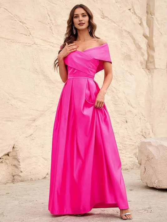 Elegant Evening Dresses/ Off Shoulder Fold Pleated Detail Satin A Line Dress Evening Dresses/ Evening Dresses For Women
