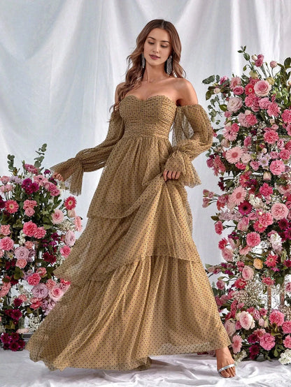 Elegant Evening Dresses/ Off Shoulder Lantern Sleeves Polka Dot Layered Dress Evening Dresses/ Evening Dresses For Women