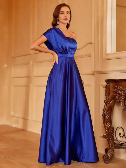 Elegant Evening Dresses/ One Shoulder Sleeveless Satin A line Dress Evening Dresses/ Evening Dresses For Women