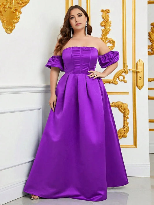 Elegant Evening Dresses/ Plus Off Shoulder Puff Sleeves Ruched Bust Satin Prom Dress Plus Size Black Evening Dresses/ Evening Dresses For Women