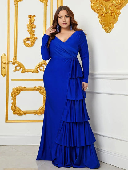 Elegant Evening Dresses/ Plus V Neck Long Sleeve Draped Ruffle Trim Mermaid Dress Plus Size Evening Dresses/ Evening Dresses For Women