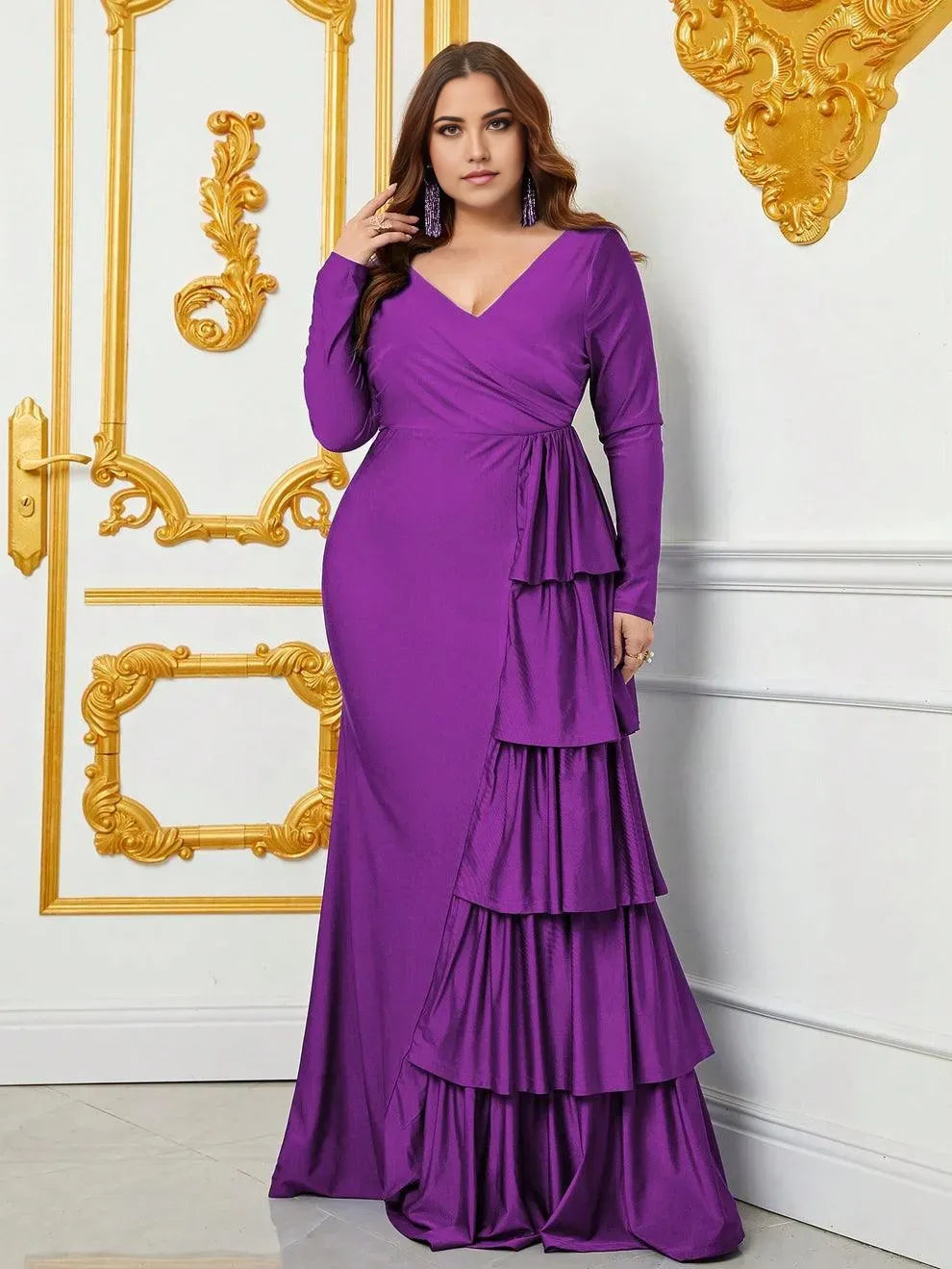 Elegant Evening Dresses/ Plus V Neck Long Sleeve Draped Ruffle Trim Mermaid Dress Plus Size Evening Dresses/ Evening Dresses For Women