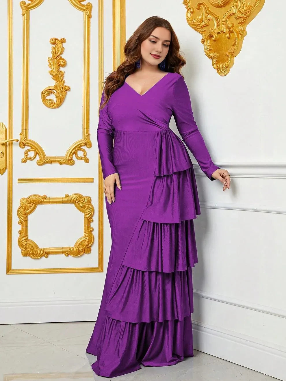 Elegant Evening Dresses/ Plus V Neck Long Sleeve Draped Ruffle Trim Mermaid Dress Plus Size Evening Dresses/ Evening Dresses For Women