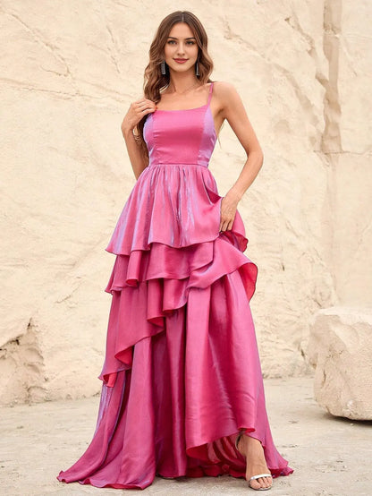 Elegant Evening Dresses/ Solid Elegant Layered Hem Spaghetti Straps Dresses Evening Dresses/ Evening Dresses For Women