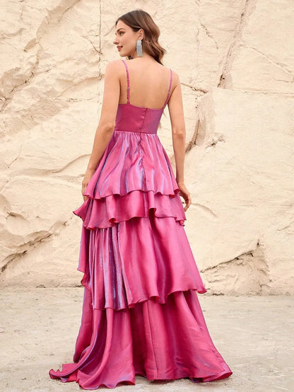Elegant Evening Dresses/ Solid Elegant Layered Hem Spaghetti Straps Dresses Evening Dresses/ Evening Dresses For Women