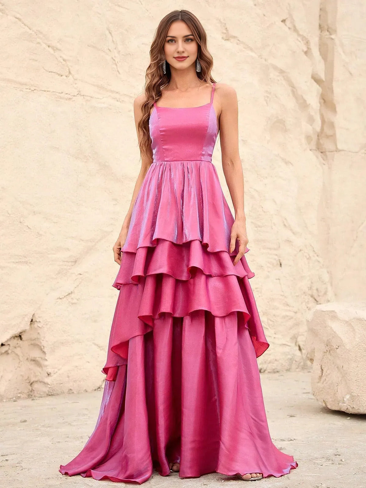 Elegant Evening Dresses/ Solid Elegant Layered Hem Spaghetti Straps Dresses Evening Dresses/ Evening Dresses For Women