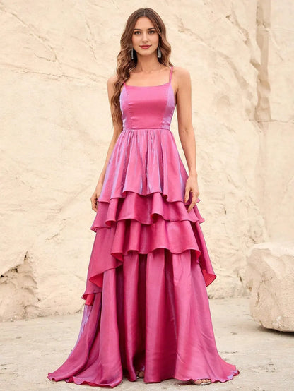 Elegant Evening Dresses/ Solid Elegant Layered Hem Spaghetti Straps Dresses Evening Dresses/ Evening Dresses For Women