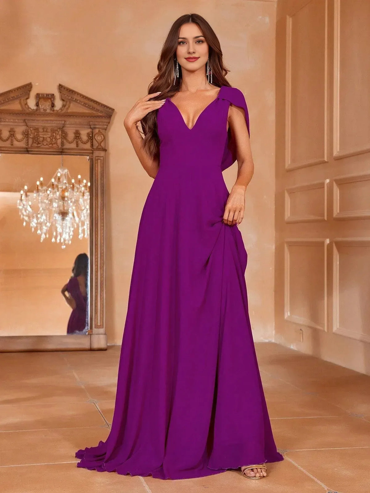 Elegant Evening Dresses/ Solid V Neck Draped Back Chiffon A Line Dress Evening Dresses/ Evening Dresses For Women