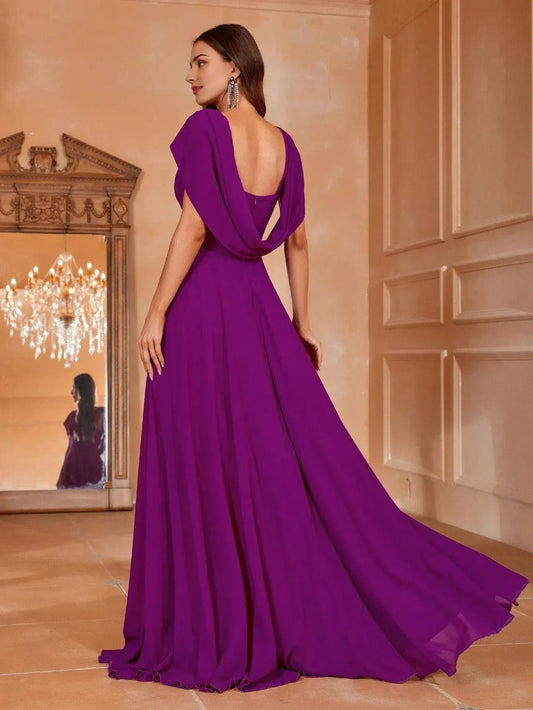 Elegant Evening Dresses/ Solid V Neck Draped Back Chiffon A Line Dress Evening Dresses/ Evening Dresses For Women