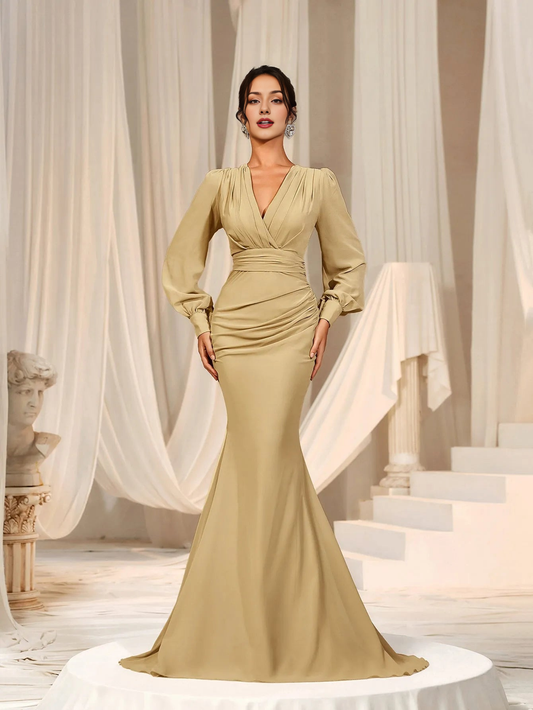 Elegant Evening Dresses/ Surplice Neck Lantern Sleeve Chiffon Mermaid Dress Evening Dresses/ Evening Dresses For Women