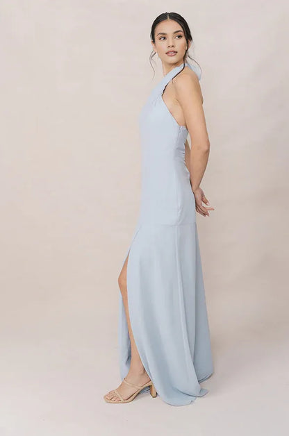 Elegant Fitted A-line Halter Neck Sleeveless Backless Ankle-Length Bridesmaid Dress