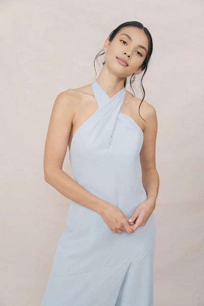 Elegant Fitted A-line Halter Neck Sleeveless Backless Ankle-Length Bridesmaid Dress