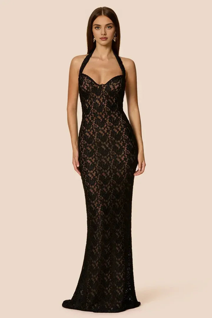 Elegant Fitted Halter Neck Sleeveless Backless Floor-Length Prom Dress
