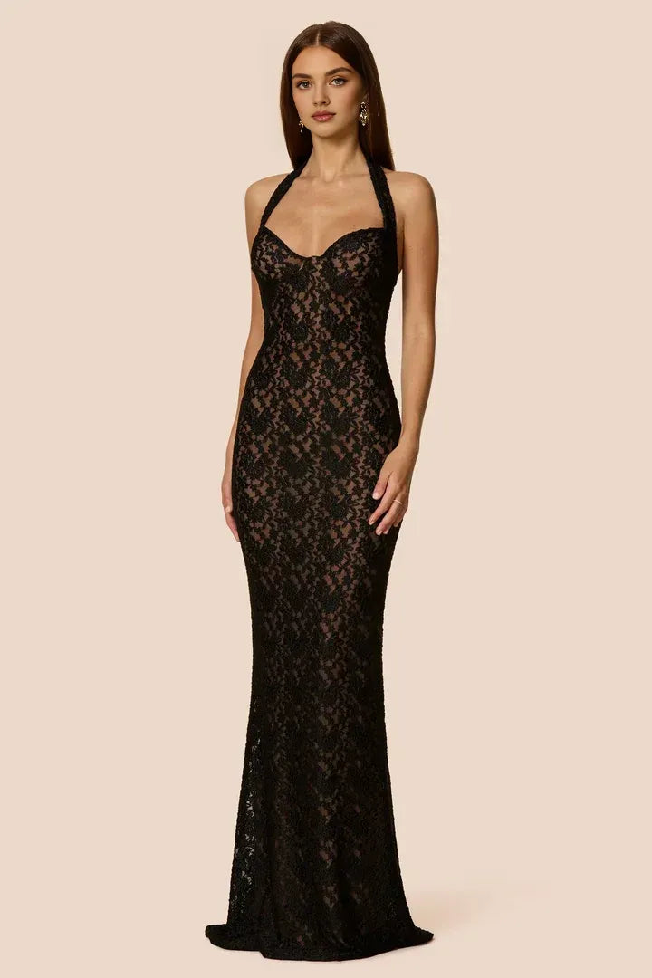 Elegant Fitted Halter Neck Sleeveless Backless Floor-Length Prom Dress