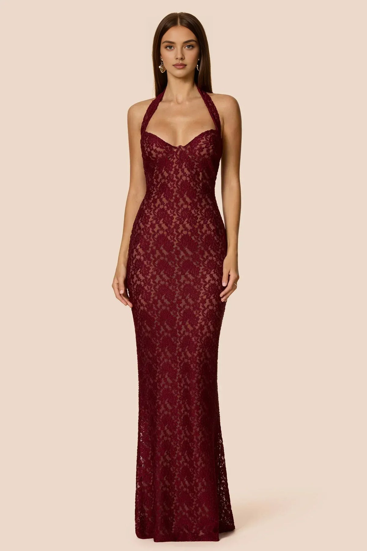 Elegant Fitted Halter Neck Sleeveless Backless Floor-Length Prom Dress