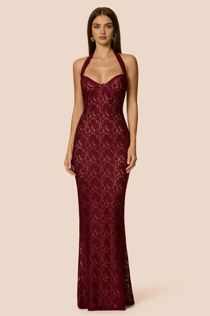 Elegant Fitted Halter Neck Sleeveless Backless Floor-Length Prom Dress