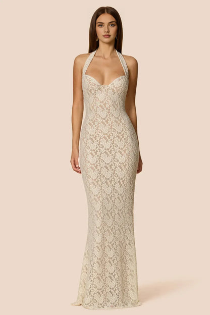 Elegant Fitted Halter Neck Sleeveless Backless Floor-Length Prom Dress