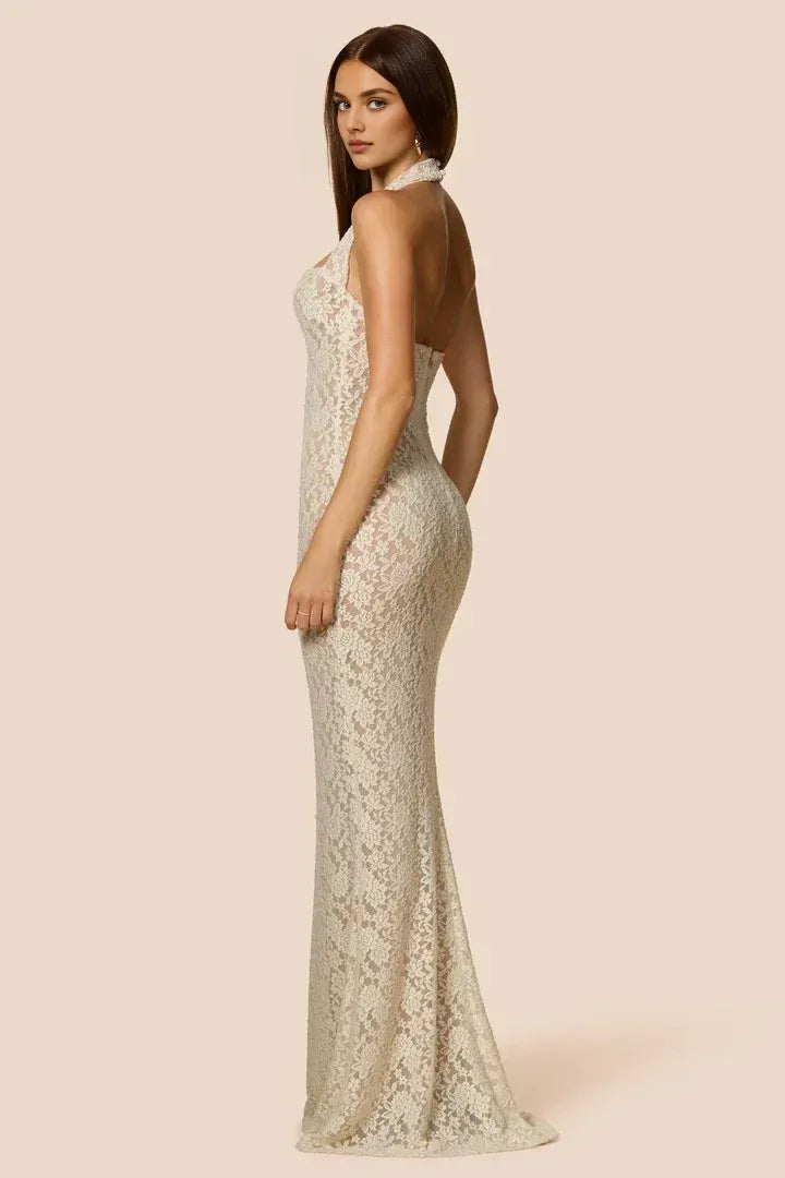 Elegant Fitted Halter Neck Sleeveless Backless Floor-Length Prom Dress
