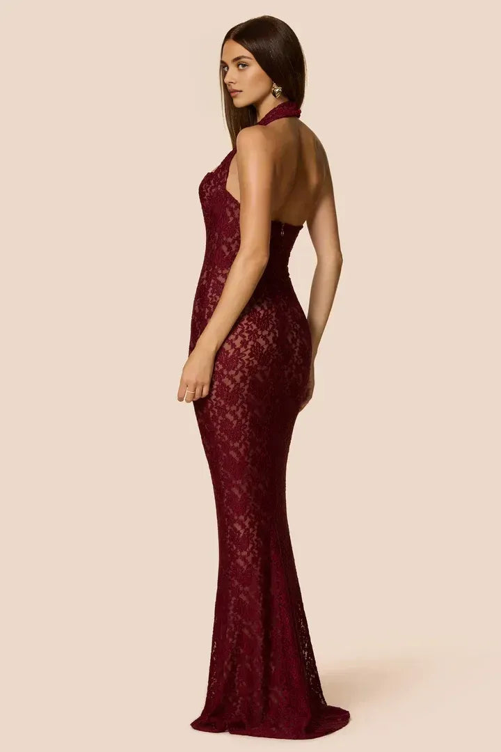 Elegant Fitted Halter Neck Sleeveless Backless Floor-Length Prom Dress