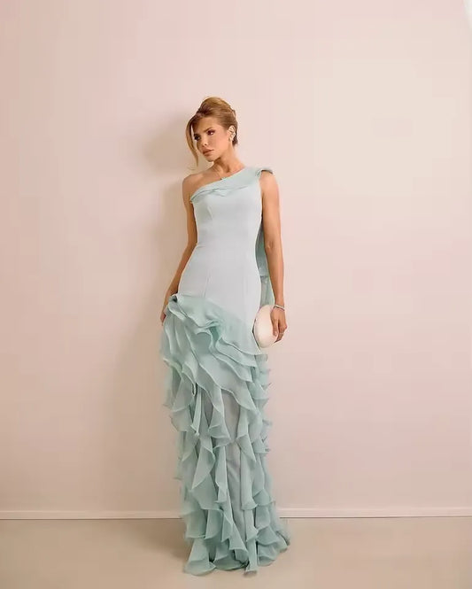 Elegant Fitted Sheath One Shoulder Sleeveless Open Back Ruffle Train Evening Dress