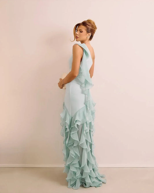 Elegant Fitted Sheath One Shoulder Sleeveless Open Back Ruffle Train Evening Dress