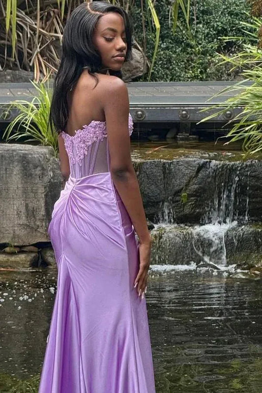 Elegant Fitted Strapless Lace Appliques Satin Slit Prom Gown
