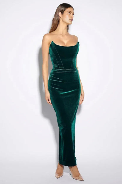 Elegant Fitted Strapless Sleeveless Velvet Ankle-Length Prom Dress