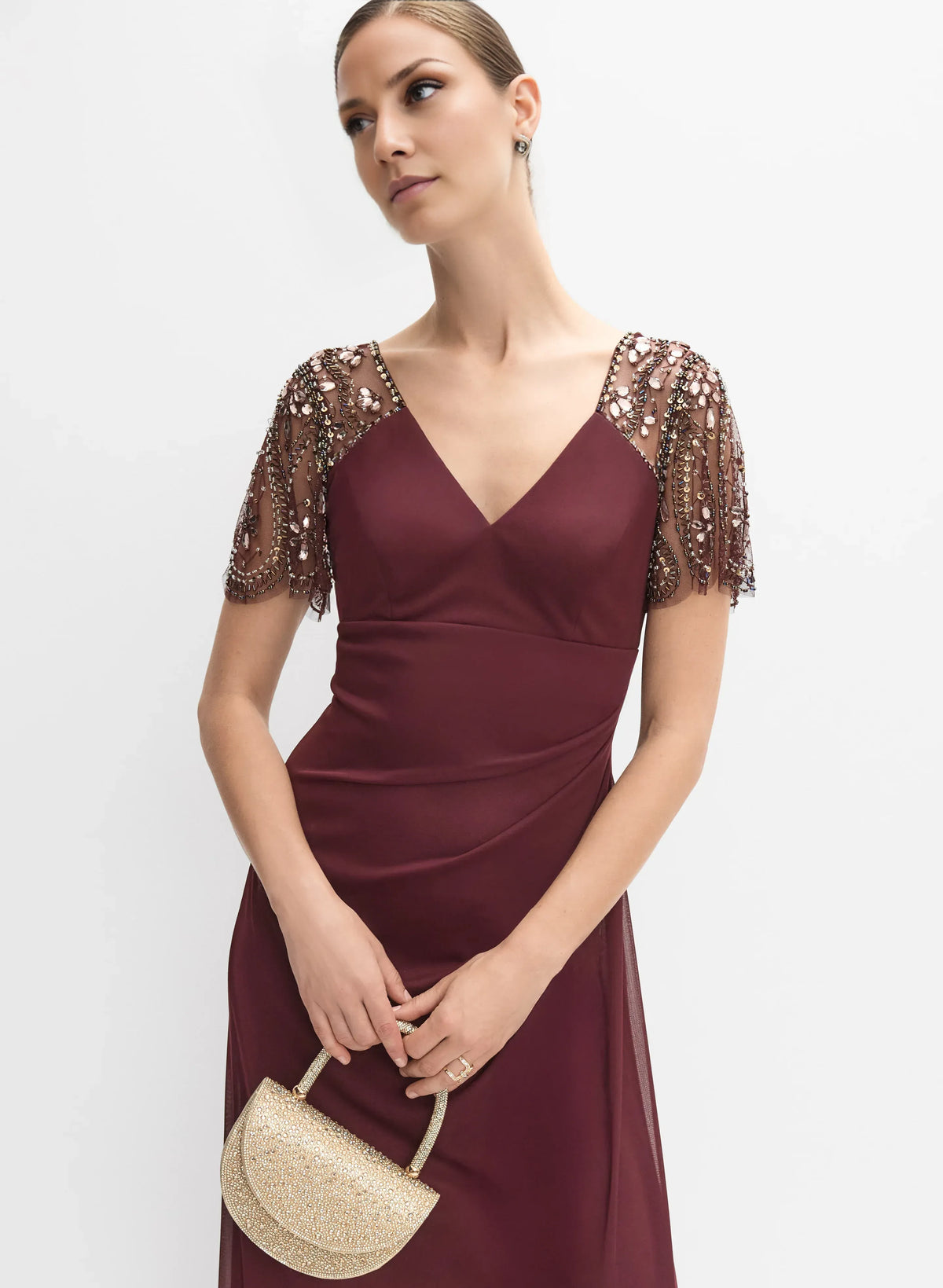 Elegant Fitted V-Neck Short Sleeve Zipper Up Floor-Length Prom Dress