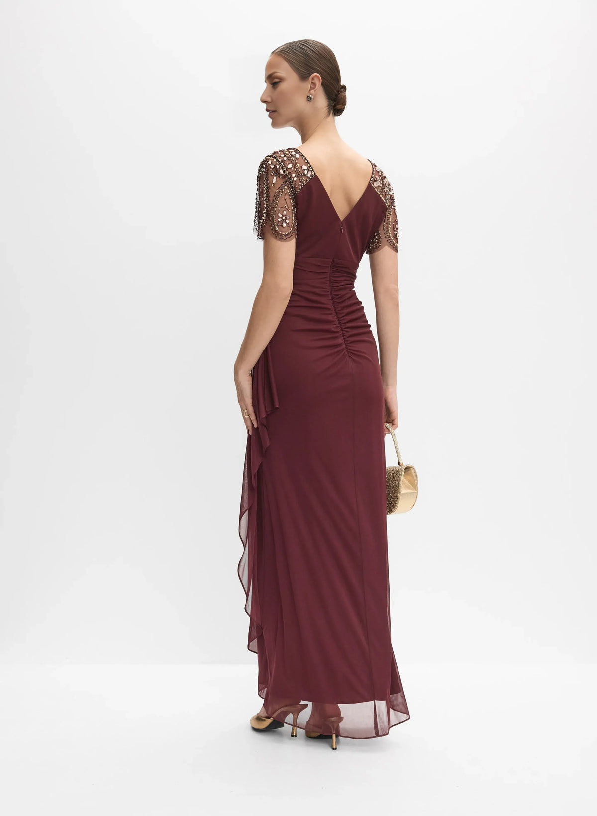 Elegant Fitted V-Neck Short Sleeve Zipper Up Floor-Length Prom Dress