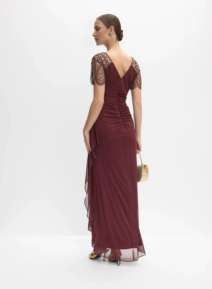 Elegant Fitted V-Neck Short Sleeve Zipper Up Floor-Length Prom Dress