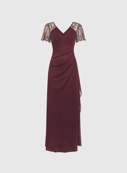 Elegant Fitted V-Neck Short Sleeve Zipper Up Floor-Length Prom Dress